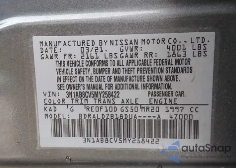 2021 Nissan Sentra Sv Xtronic Cvt from USA, damaged, VIN 3N1AB8CV5MY258422